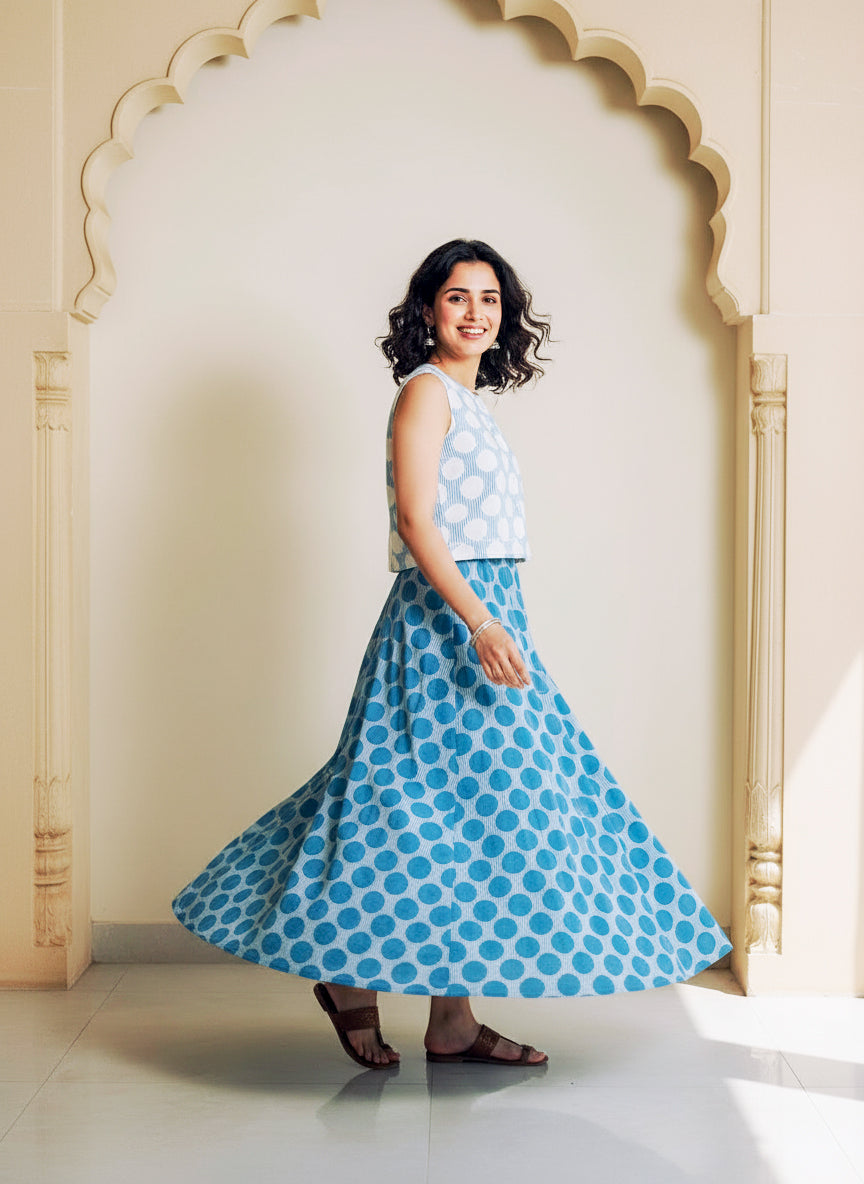 Sky Blue Polka Dot Handblock Cotton Co-ord Set — twirl showing the flared skirt