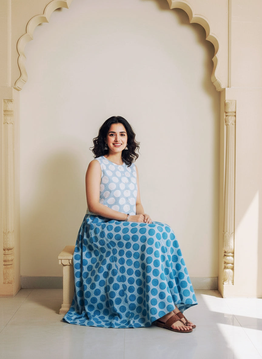 Sky Blue Polka Dot Handblock Cotton Co-ord Set — seated styled look