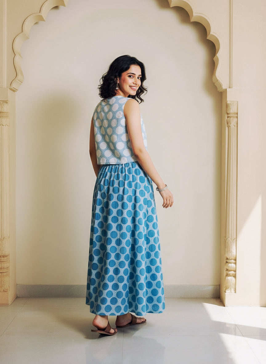 Sky Blue Polka Dot Handblock Cotton Co-ord Set — back view