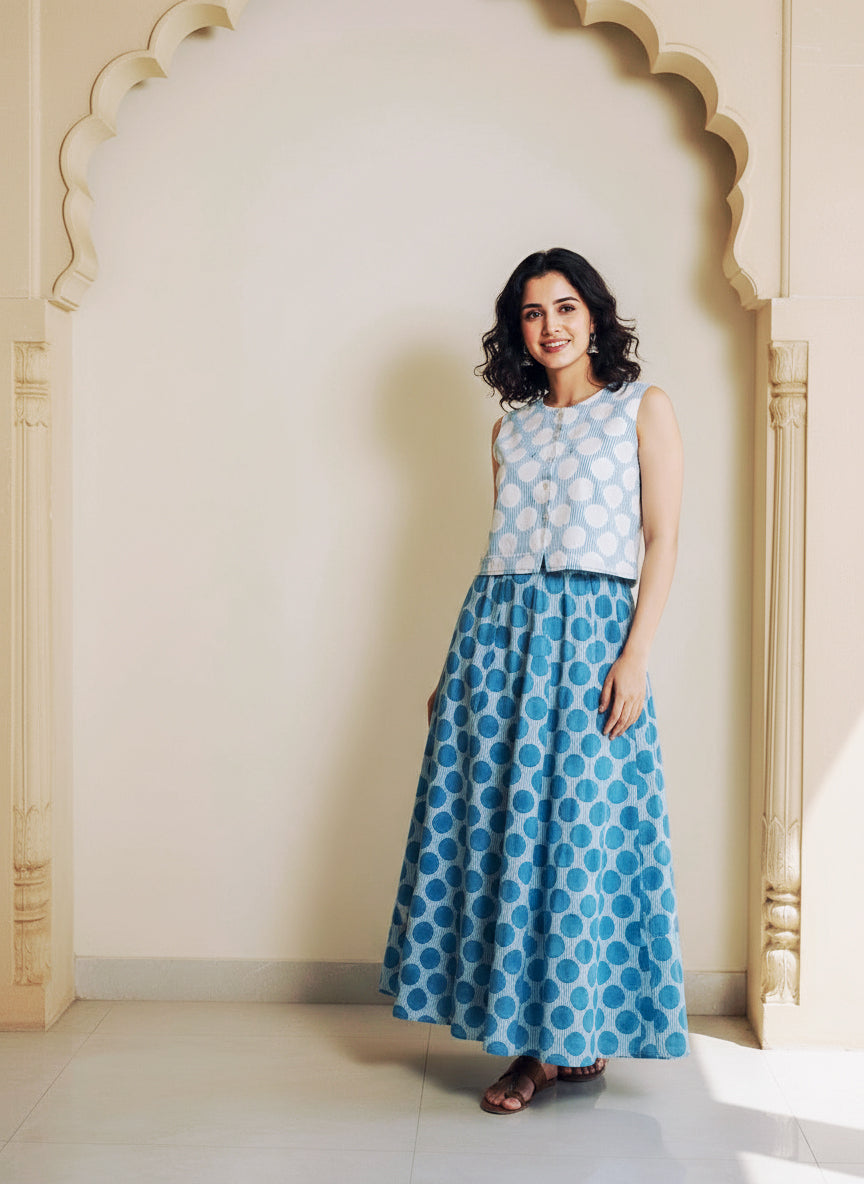 Sky Blue Polka Dot Handblock Cotton Co-ord Set — three-quarter styled look