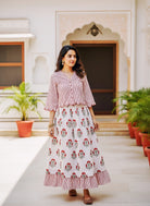 Red & White Striped Floral Handblock Cotton Co-ord Set — full-length front view