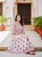 Red & White Striped Floral Handblock Cotton Co-ord Set — seated styled look