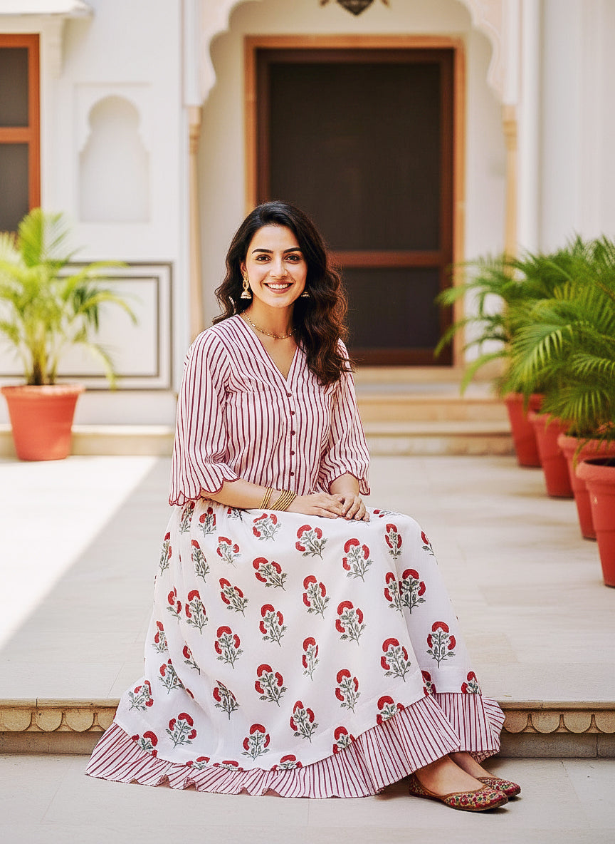 Red & White Striped Floral Handblock Cotton Co-ord Set — seated styled look