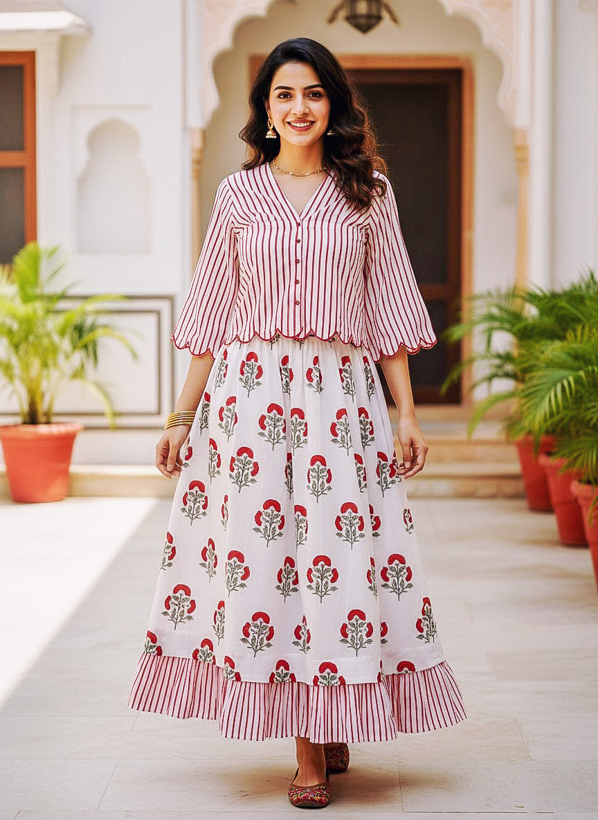 Red & White Striped Floral Handblock Cotton Co-ord Set — front styled look