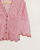 Red & White Striped Floral Handblock Cotton Co-ord Set — scalloped top and striped fabric detail