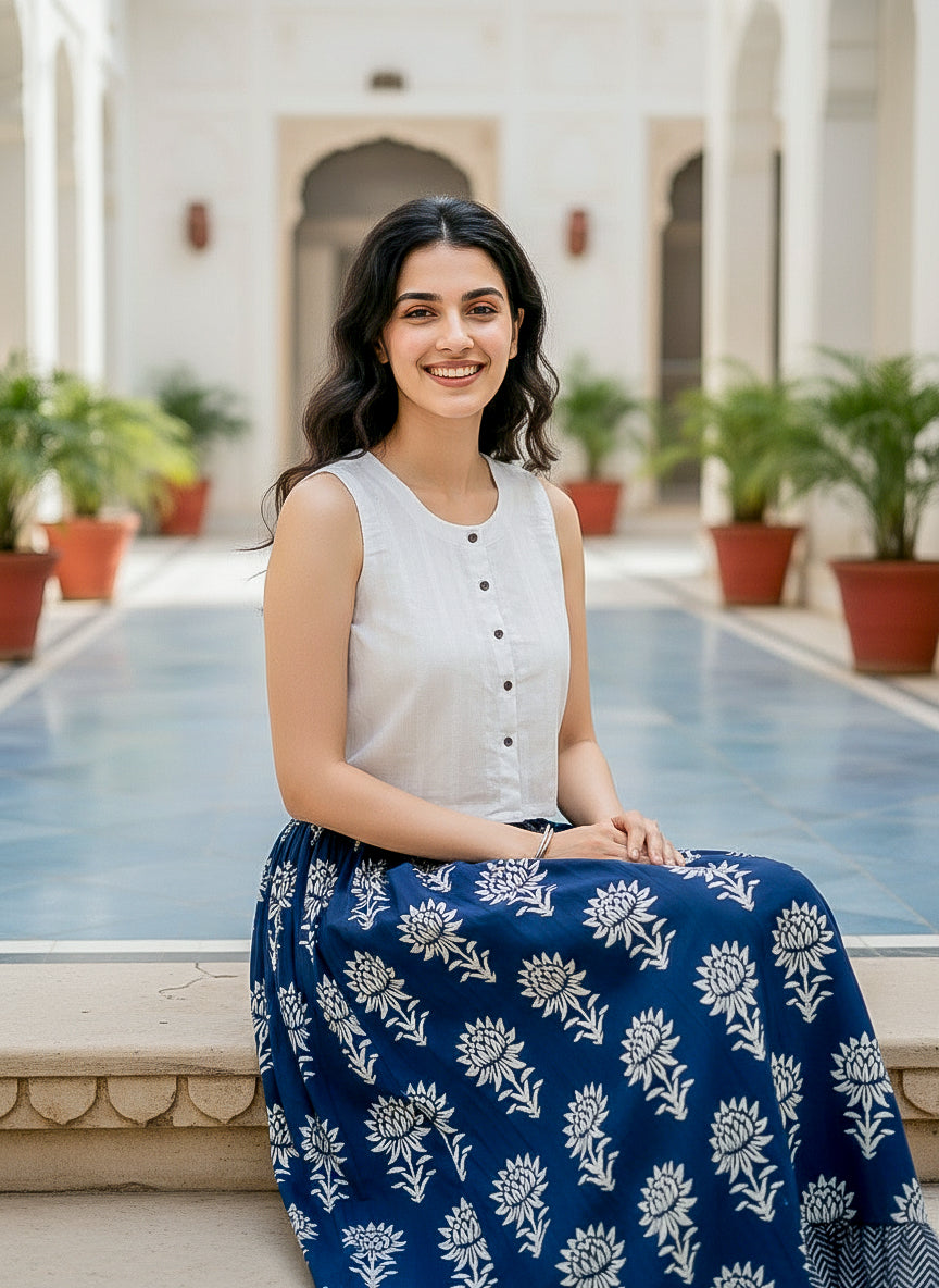 White & Navy Lotus Handblock Cotton Co-ord Set — seated styled look