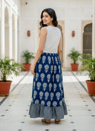 White & Navy Lotus Handblock Cotton Co-ord Set — back view