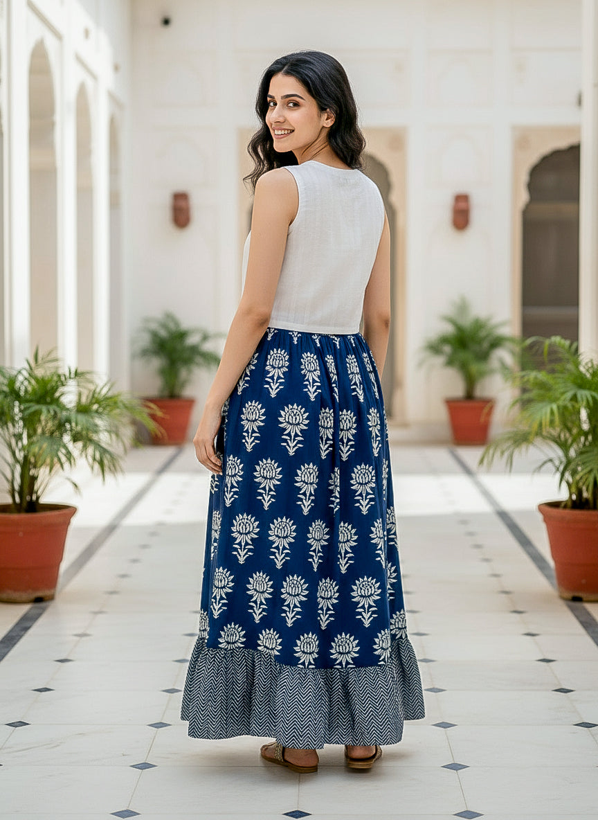 White & Navy Lotus Handblock Cotton Co-ord Set — back view