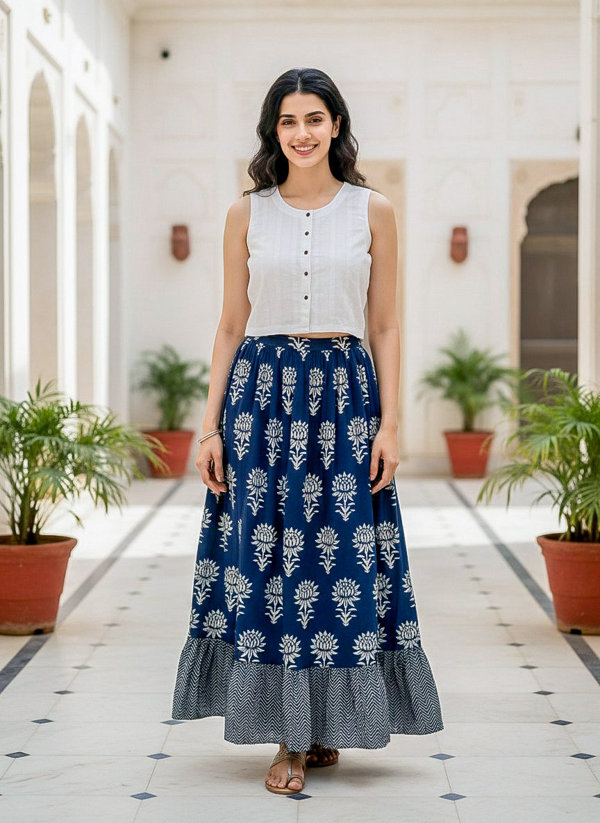 White & Navy Lotus Handblock Cotton Co-ord Set — front styled look