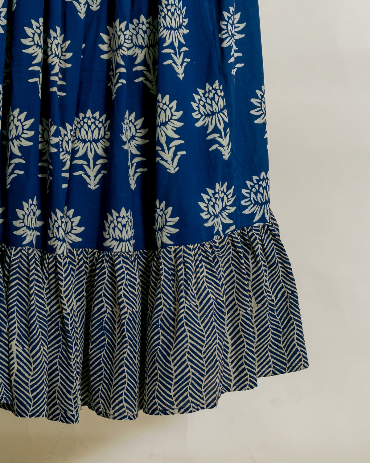 White & Navy Lotus Handblock Cotton Co-ord Set — lotus print and herringbone ruffle hem detail