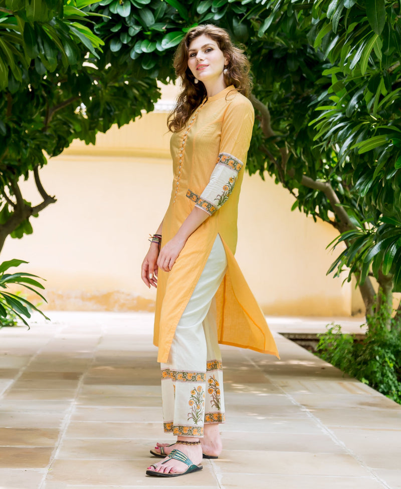 Mayukhi Straight Cut Hand Block Printed Front Slit Kurta — side view showing the front slit, kurta with palazzo pants