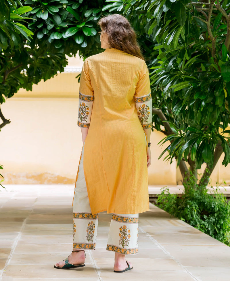 Mayukhi Straight Cut Hand Block Printed Front Slit Kurta — back view, kurta with hand block printed palazzo pants