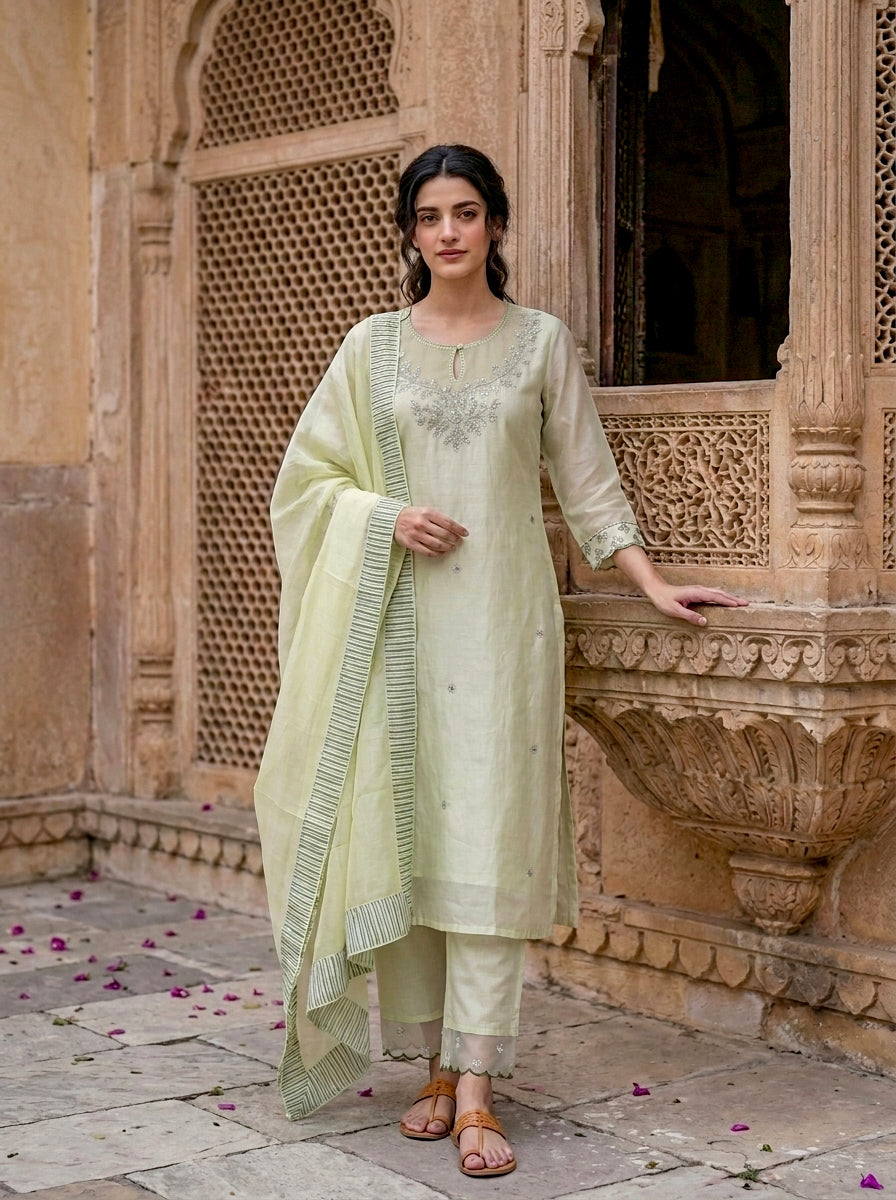 Sage Green Silk Chanderi Kurta with Pants & Organza Dupatta — view 1