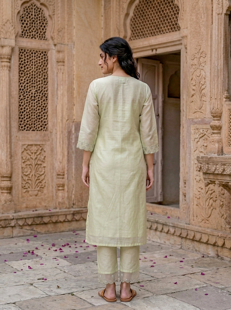 Sage Green Silk Chanderi Kurta with Pants & Organza Dupatta — view 4