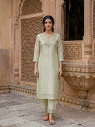 Sage Green Silk Chanderi Kurta with Pants & Organza Dupatta — view 2
