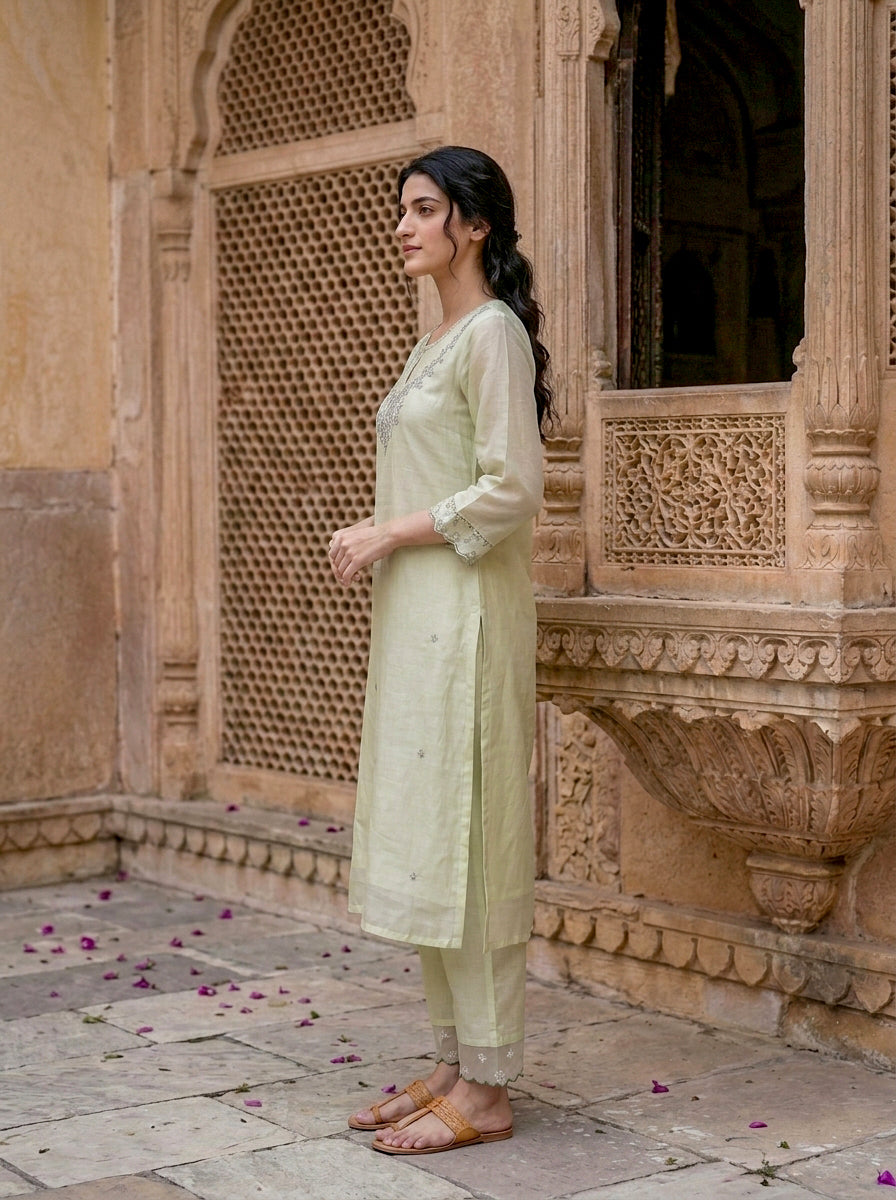 Sage Green Silk Chanderi Kurta with Pants & Organza Dupatta — view 3