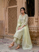Sage Green Silk Chanderi Kurta with Pants & Organza Dupatta — view 5