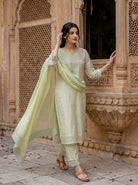 Sage Green Silk Chanderi Kurta with Pants & Organza Dupatta — view 6