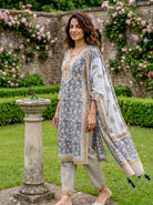 Dusty Blue Hand Block Print Cotton Kurta Set with Afghani Salwar & Dupatta — view 6