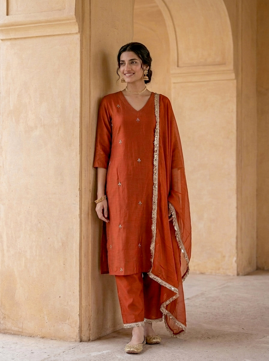 Rust Silk Chanderi Kurta with Cotton Pants & Organza Dupatta — view 1