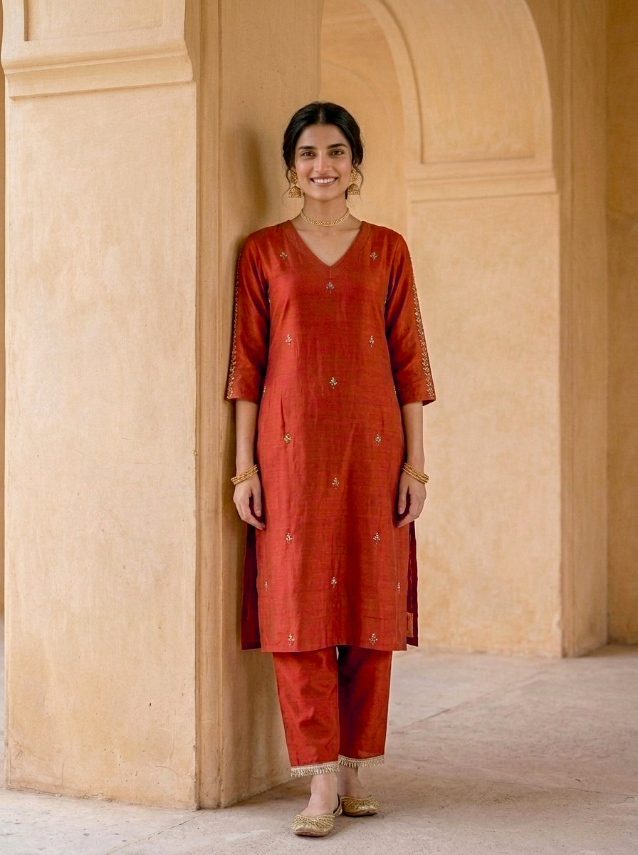 Rust Silk Chanderi Kurta with Cotton Pants & Organza Dupatta — view 2