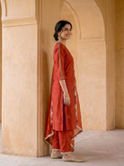 Rust Silk Chanderi Kurta with Cotton Pants & Organza Dupatta — view 3