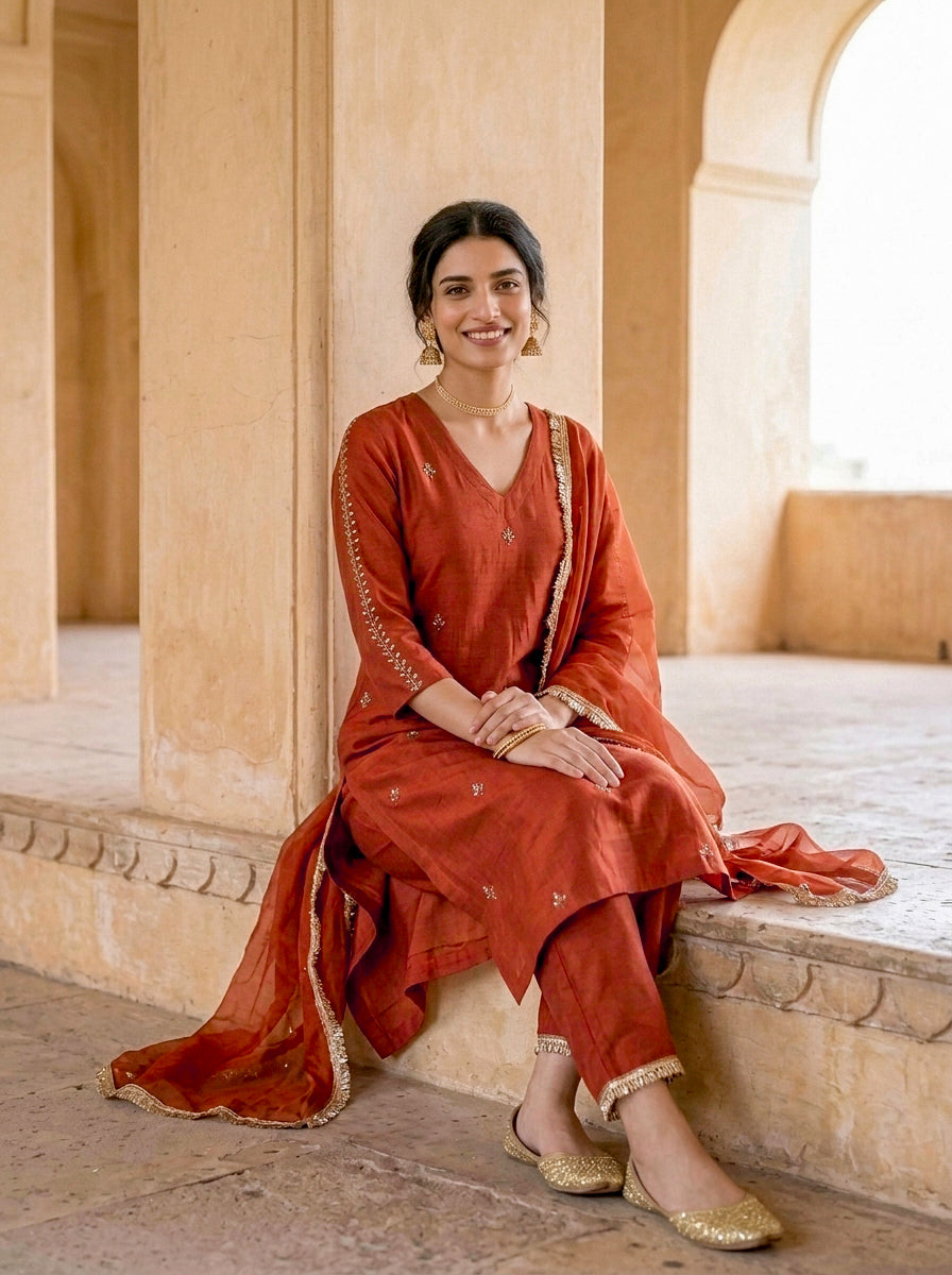Rust Silk Chanderi Kurta with Cotton Pants & Organza Dupatta — view 5