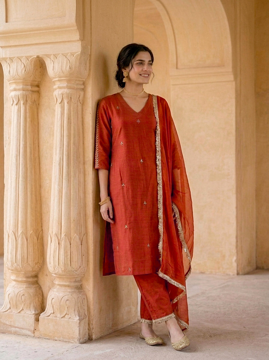 Rust Silk Chanderi Kurta with Cotton Pants & Organza Dupatta — view 6