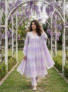 Lilac Tie-Dye Organza Kurta Set with Pants & Dupatta — view 1