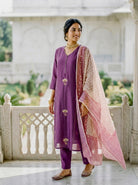 Mauve Purple Chanderi Silk Kurta Set with Pants & Block Print Dupatta — view 1