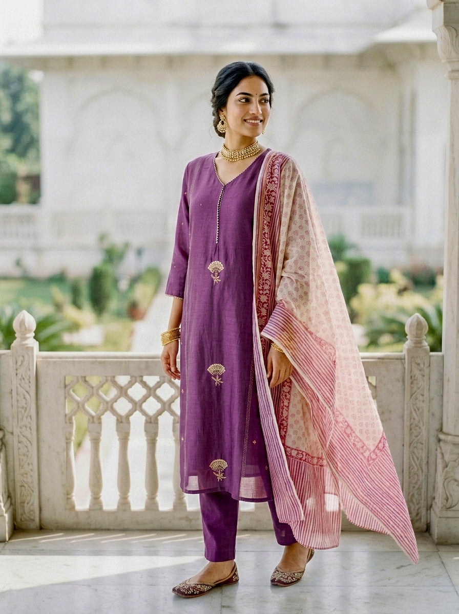 Mauve Purple Chanderi Silk Kurta Set with Pants & Block Print Dupatta — view 1
