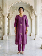 Mauve Purple Chanderi Silk Kurta Set with Pants & Block Print Dupatta — view 2