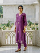 Mauve Purple Chanderi Silk Kurta Set with Pants & Block Print Dupatta — view 3