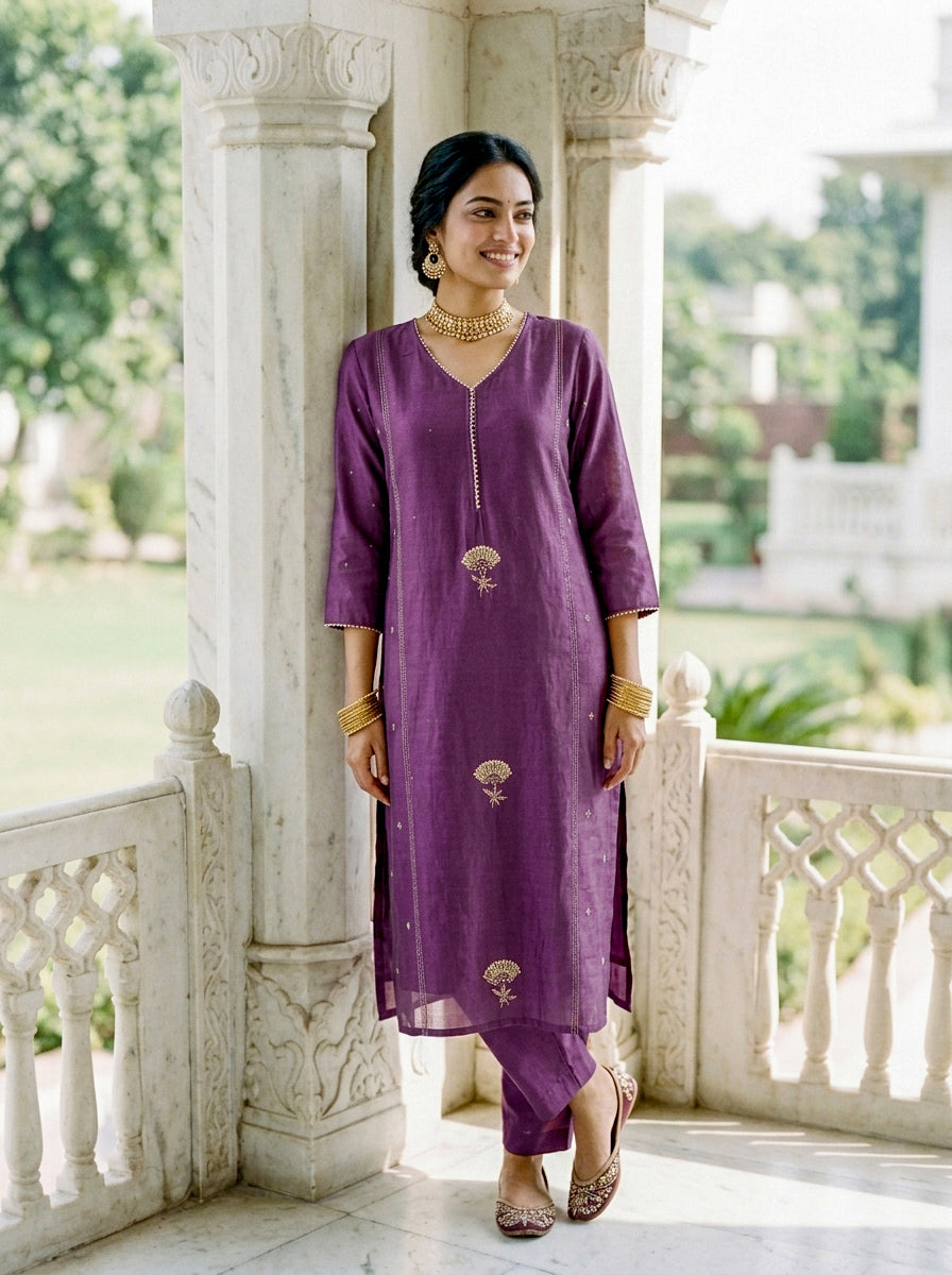 Mauve Purple Chanderi Silk Kurta Set with Pants & Block Print Dupatta — view 4