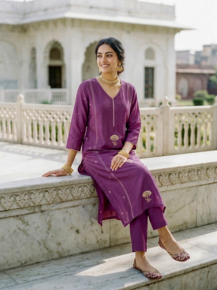 Mauve Purple Chanderi Silk Kurta Set with Pants & Block Print Dupatta — view 5