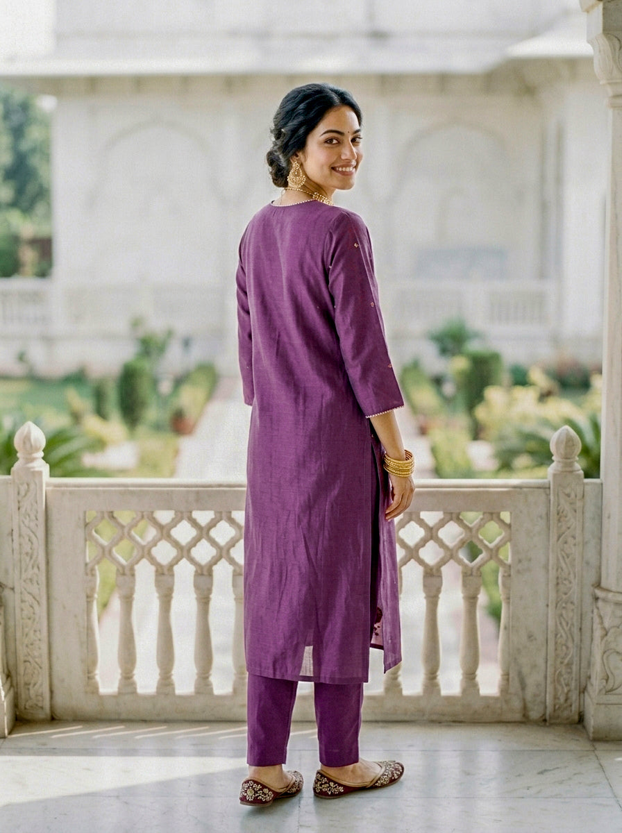 Mauve Purple Chanderi Silk Kurta Set with Pants & Block Print Dupatta — view 6