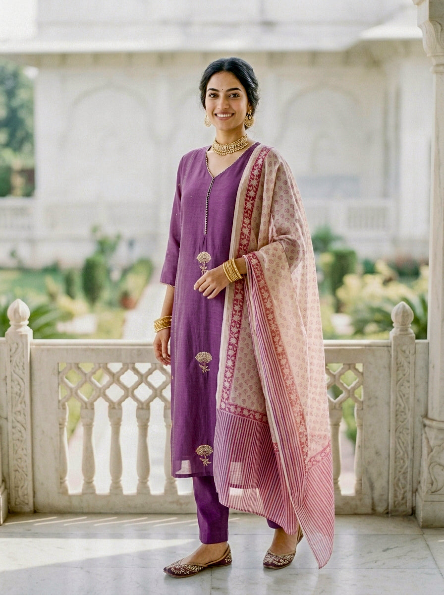 Mauve Purple Chanderi Silk Kurta Set with Pants & Block Print Dupatta — view 7