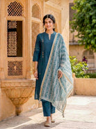 Teal Silk Chanderi Kurta with Pants & Chanderi Dupatta — view 1