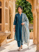 Teal Silk Chanderi Kurta with Pants & Chanderi Dupatta — view 5