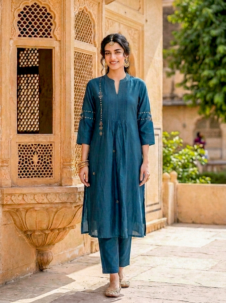 Teal Silk Chanderi Kurta with Pants & Chanderi Dupatta — view 2