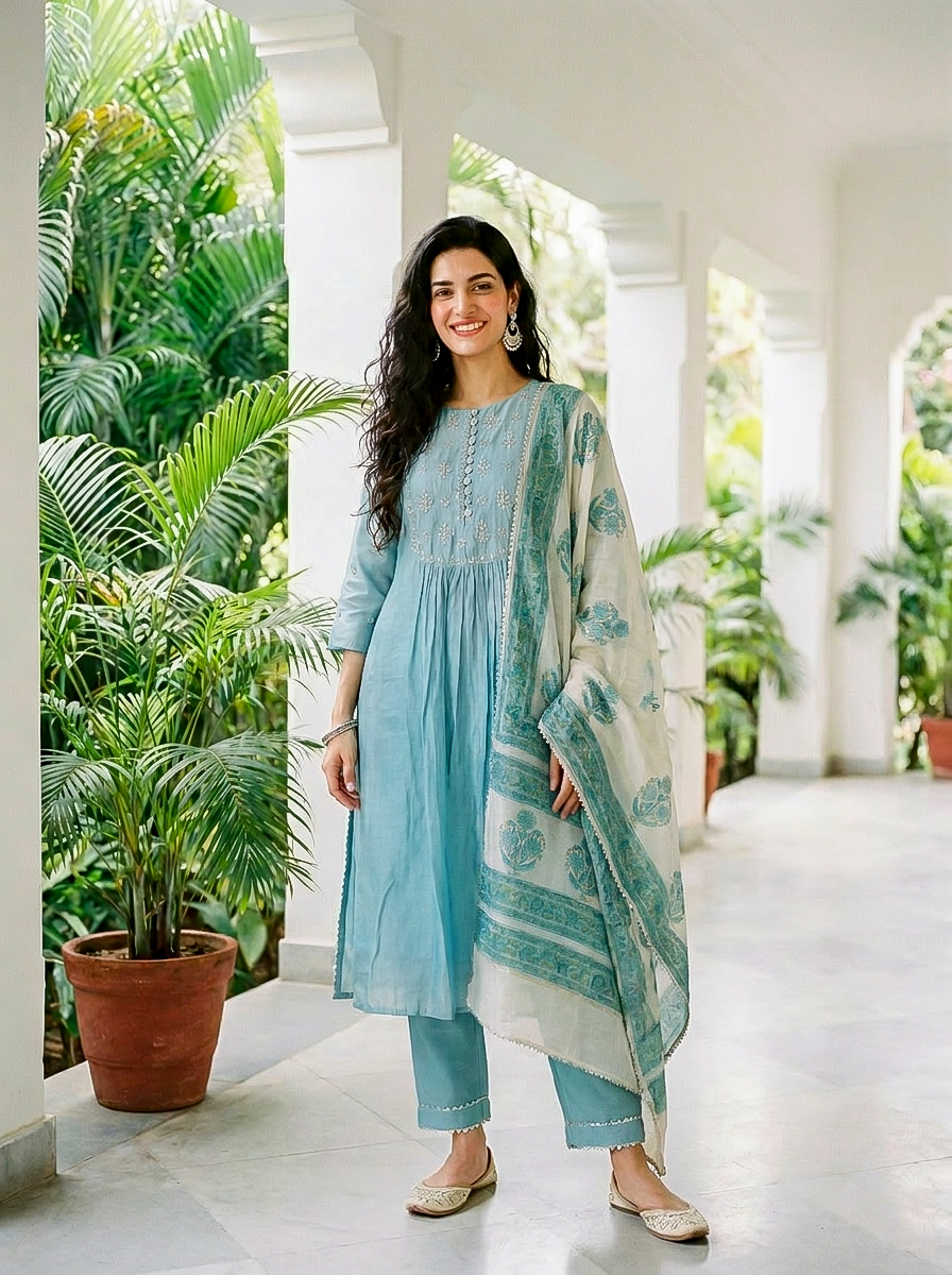 Aqua Pitta-Work Silk Chanderi Kurta Set with Pants & Block Print Dupatta — full set front