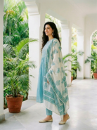 Aqua Pitta-Work Silk Chanderi Kurta Set with Pants & Block Print Dupatta — model front