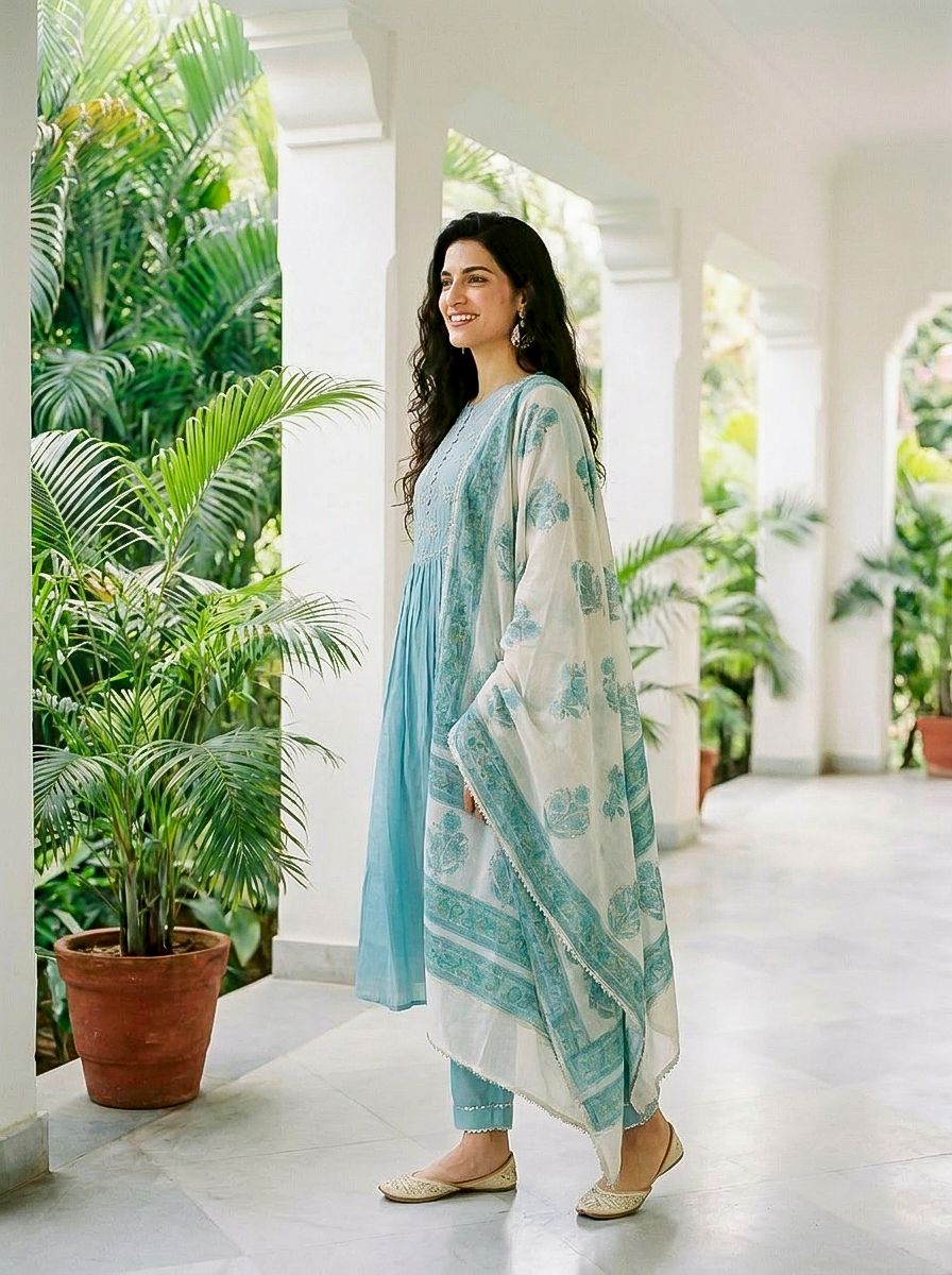 Aqua Pitta-Work Silk Chanderi Kurta Set with Pants & Block Print Dupatta — model front