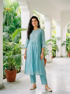 Aqua Pitta-Work Silk Chanderi Kurta Set with Pants & Block Print Dupatta — kurta detail