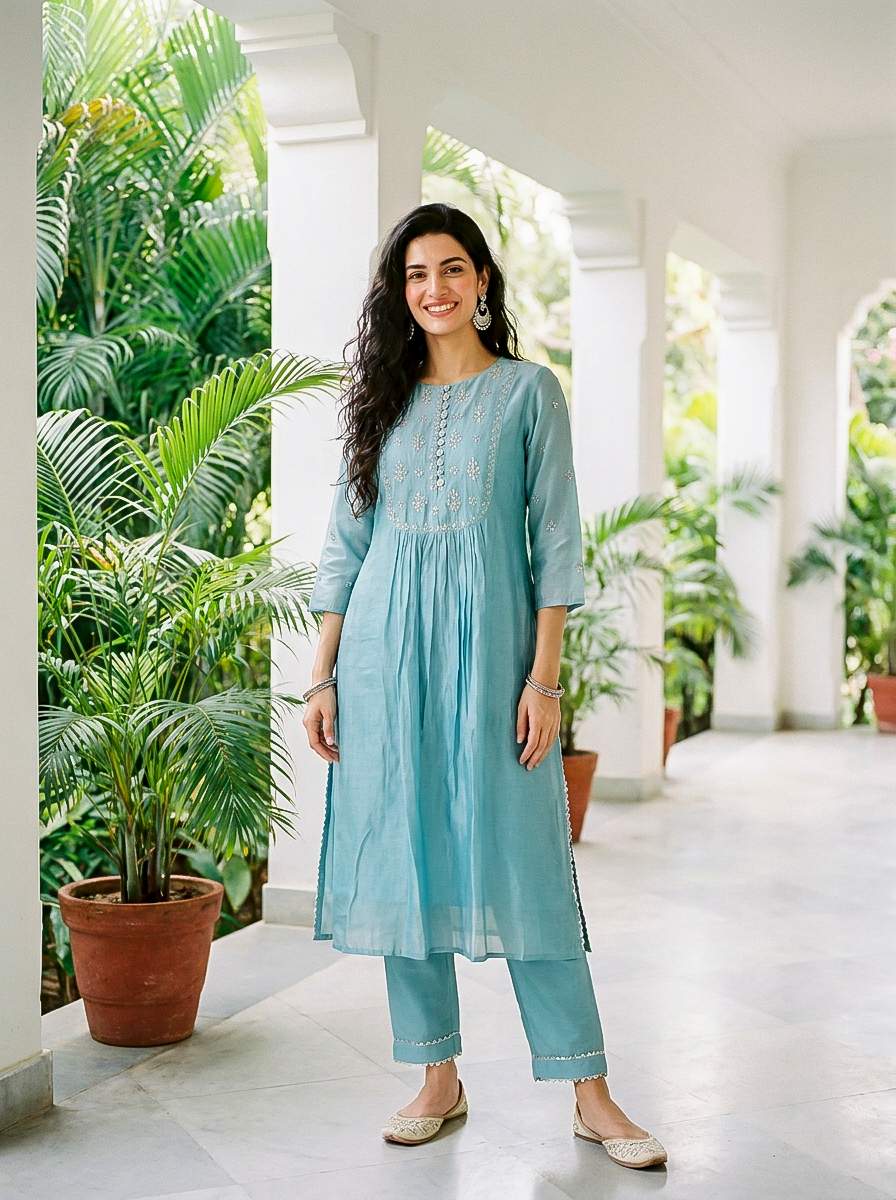 Aqua Pitta-Work Silk Chanderi Kurta Set with Pants & Block Print Dupatta — kurta detail