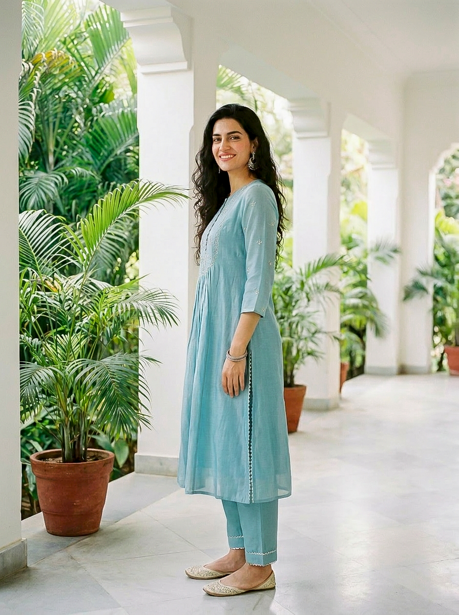 Aqua Pitta-Work Silk Chanderi Kurta Set with Pants & Block Print Dupatta — back view