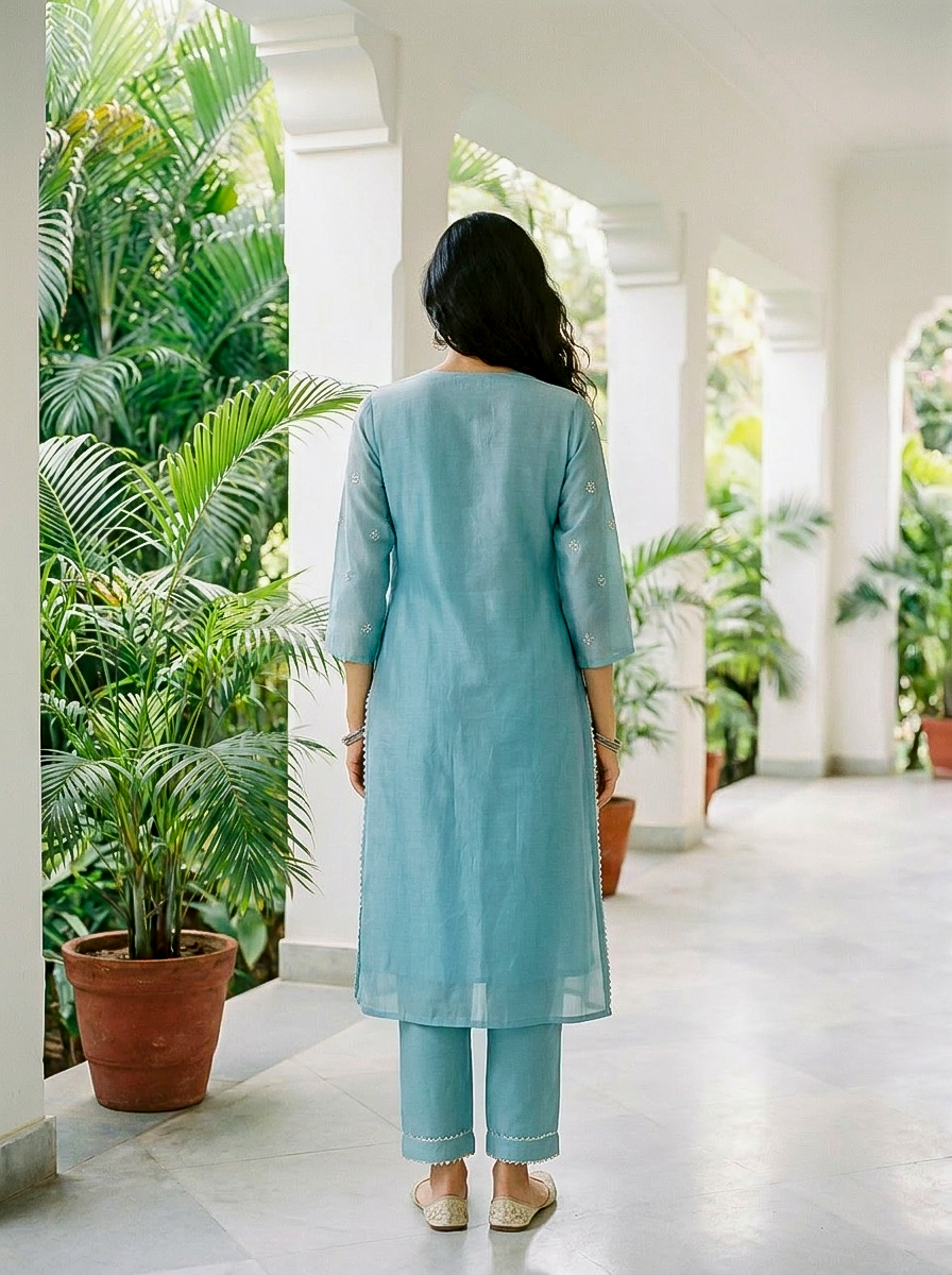 Aqua Pitta-Work Silk Chanderi Kurta Set with Pants & Block Print Dupatta — side view