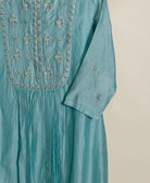 Aqua Pitta-Work Silk Chanderi Kurta Set with Pants & Block Print Dupatta — styling detail