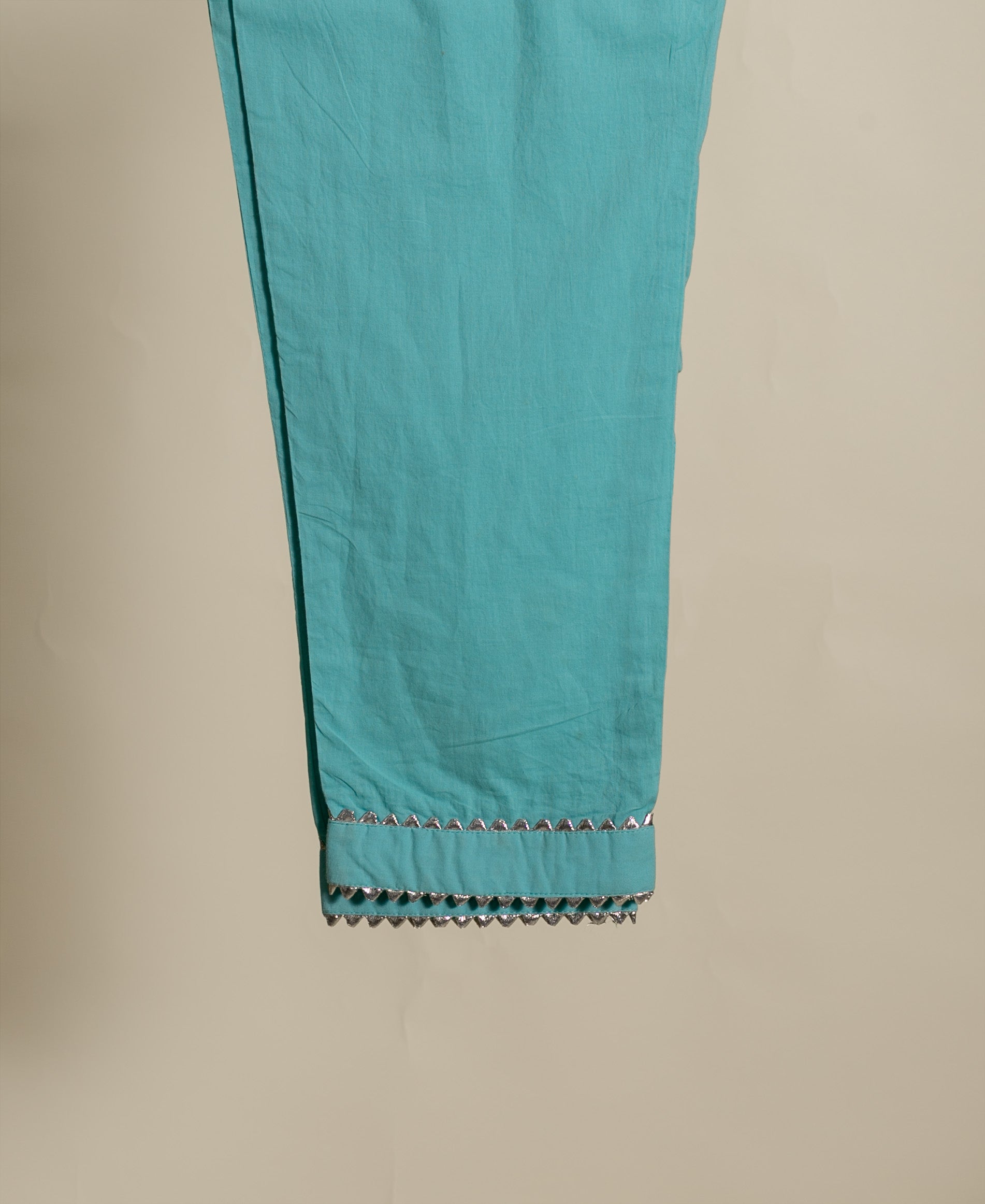 Aqua Pitta-Work Silk Chanderi Kurta Set with Pants & Block Print Dupatta — fabric close-up