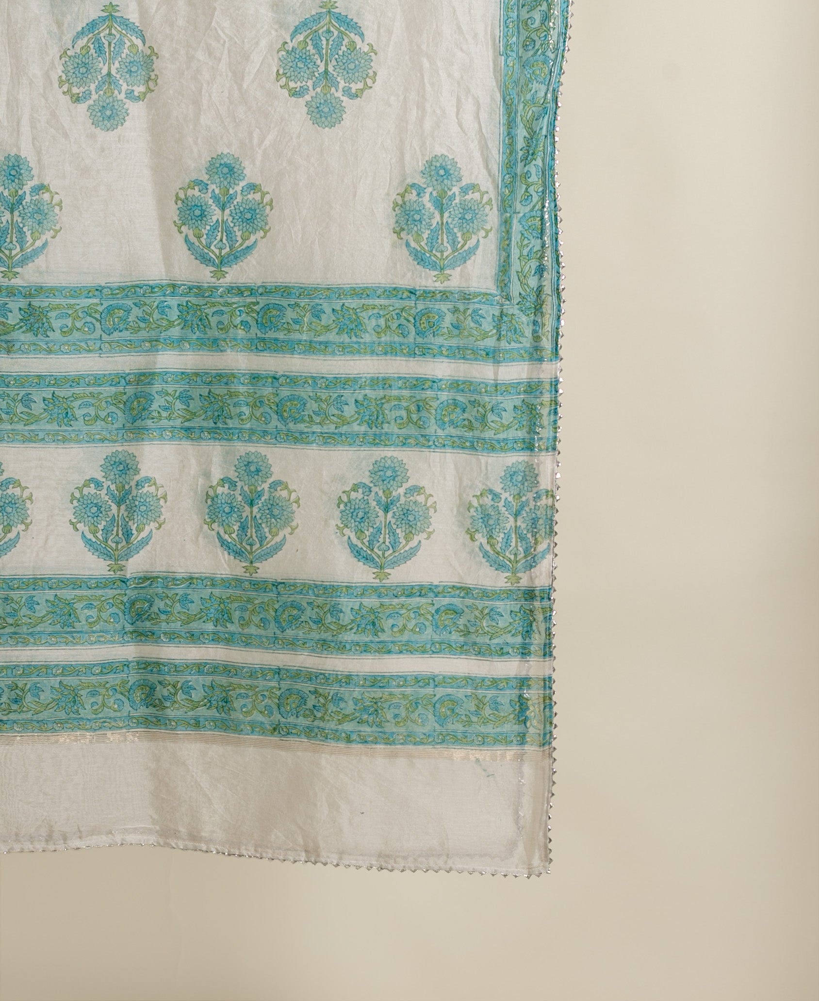Aqua Pitta-Work Silk Chanderi Kurta Set with Pants & Block Print Dupatta — print detail